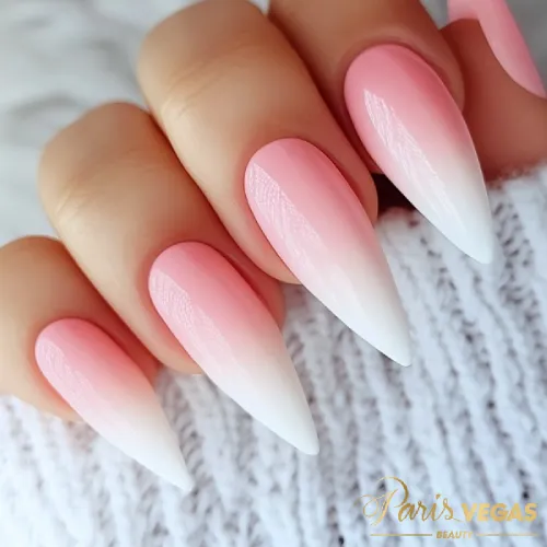 Stiletto Degradê Rosa Branco: Alongamento de unhas perto de mim em São Paulo, Paris Vegas Beauty