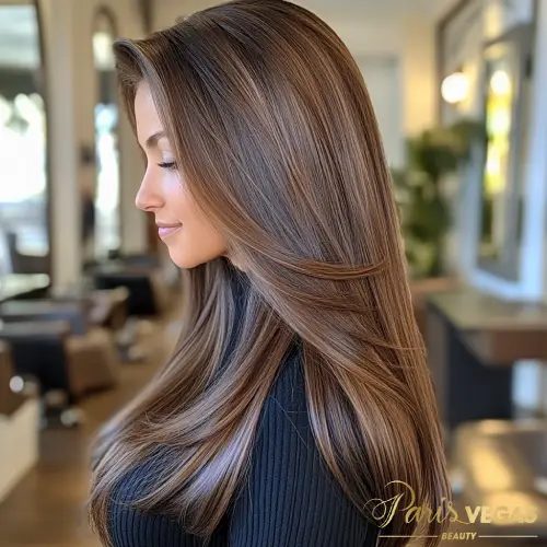 Mulher morena com cabelo liso em salão de beleza, com atendimento de cabeleireiro near me em Moema, São Paulo.