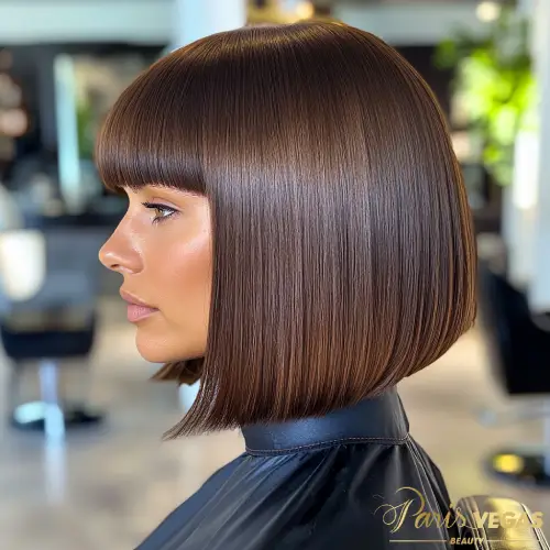 Corte feminino com franja, feito em salão de beleza em Moema, zona sul de São Paulo.