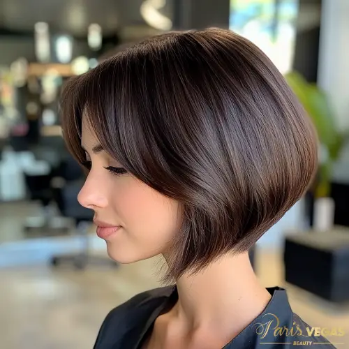 Corte de cabelo curto feminino estilo Chanel, stacked Bob destacando a elegância e modernidade.