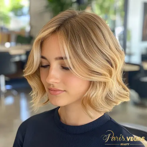 Cabelo curto com franja cortina em estilo moderno.