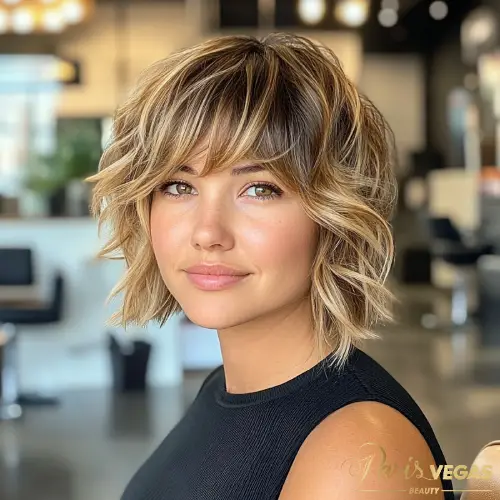 Cabelo curto com franja em estilo moderno.