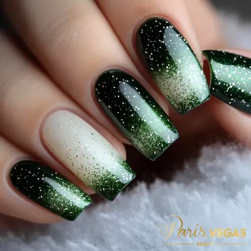 Unhas com glitter verde feitas por nail designer perto de mim em Moema, São Paulo, para um visual brilhante e sofisticado.