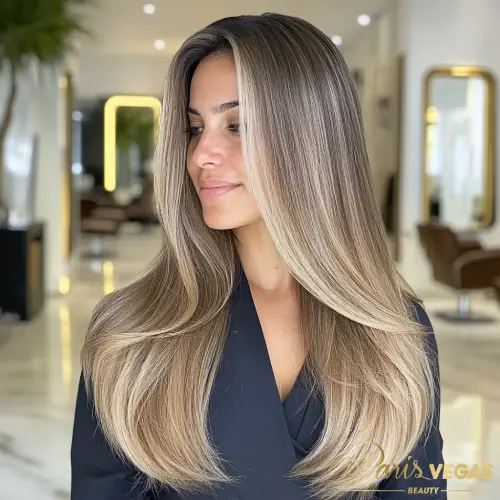 Mulher com escova de cabelo loiro em um cabeleireiro em Moema, São Paulo.