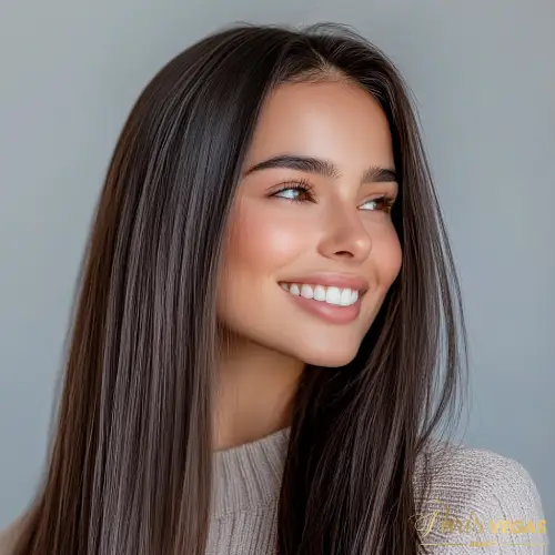 Mulher feliz e sorridente após tratamento de tricologia São Paulo, com cabelos saudáveis.