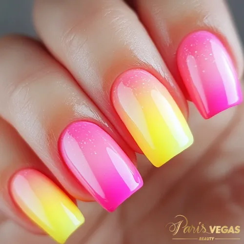 Unhas coloridas em degradê amarelo e rosa feitas por manicure em São Paulo, Paris Vegas Beauty.