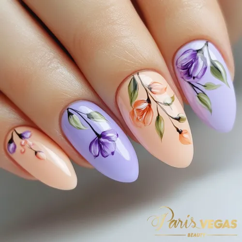 Unhas coloridas com floral suave e elegante, feitas por nail designer perto de mim.