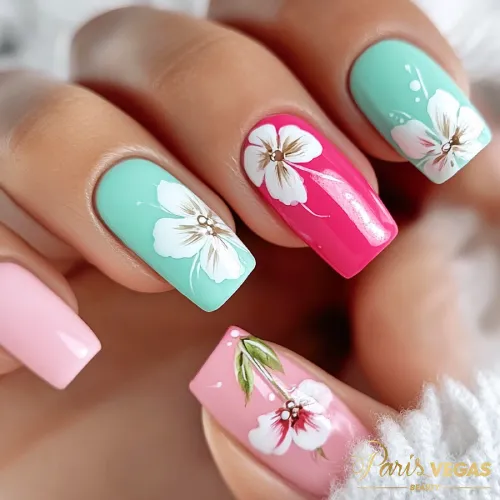 Esmaltação com design floral, feitas em Moema, São Paulo.