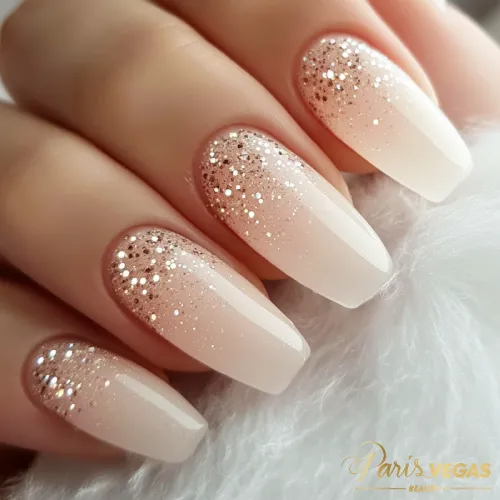 Unhas decoradas bege com efeito ombré e glitter, tendência de design moderno.