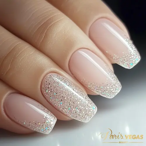 Unhas decoradas bege com glitter furtacor, design sofisticado e brilhante feito no salão Paris Vegas Beauty em Moema.