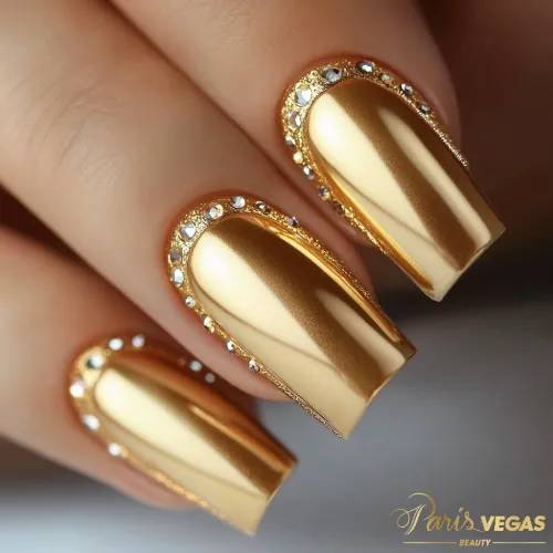 Unhas douradas decoradas com pedrarias feitas por manicure no Paris Vegas Beauty, São Paulo.