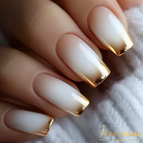 Unhas douradas estilo babyboomer feitas por nail designer em São Paulo.