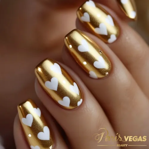 Unhas douradas com corações românticos feitas no salão de beleza Paris Vegas Beauty em Moema.