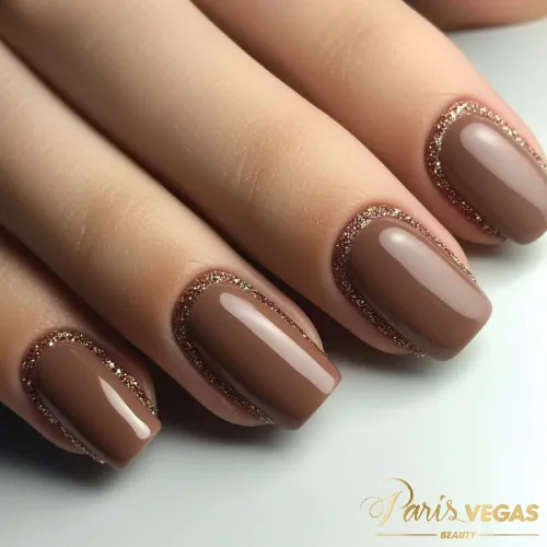 Esmaltação lisa com detalhes em glitter, criando um design elegante e brilhante.