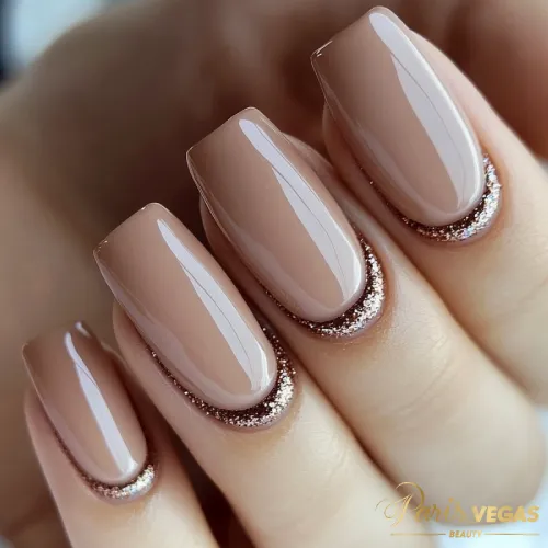 Unhas marrons com detalhes em glitter, oferecendo um design brilhante e sofisticado.