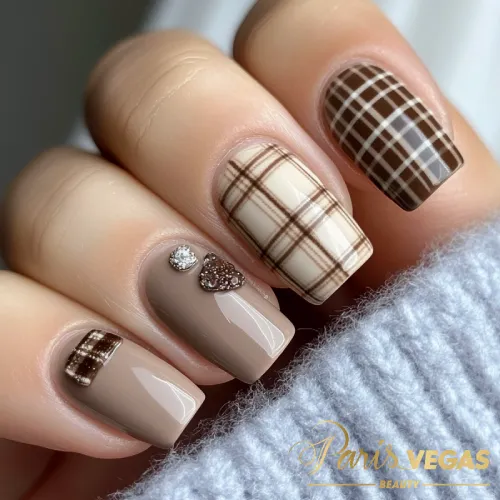 Unhas marrons com design quadriculado e detalhes variados, criando um visual moderno e criativo.