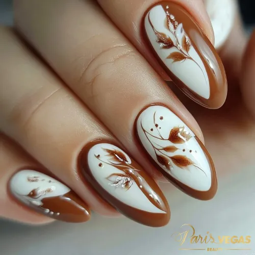 Unhas marrons com decoração floral, criando um design delicado e sofisticado.