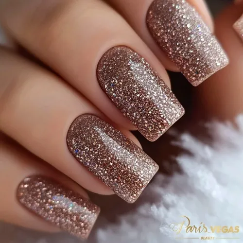 Unhas marrons lisas com detalhes em glitter, criando um design elegante e brilhante.