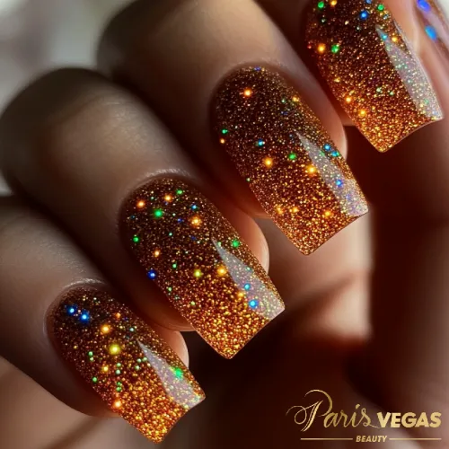 Unhas marrons com detalhes em neon glitter, criando um design brilhante e moderno.