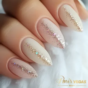 Decoração de unhas nude com glitter, sofisticada e moderna.