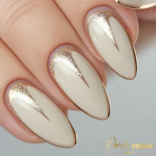 Unhas nude com detalhes em glitter dourado, criando um visual sofisticado e brilhante.