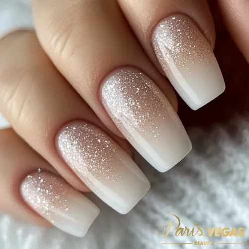 Esmaltação com efeito Glitter Ombré, criando um visual sofisticado e deslumbrante.