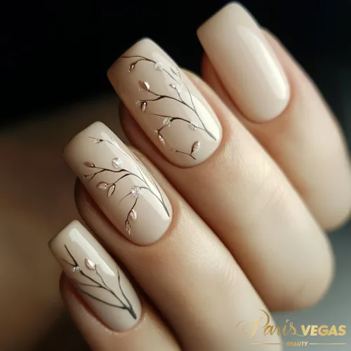 Unhas nude com ramos delicados feitas por nail designer perto de mim.