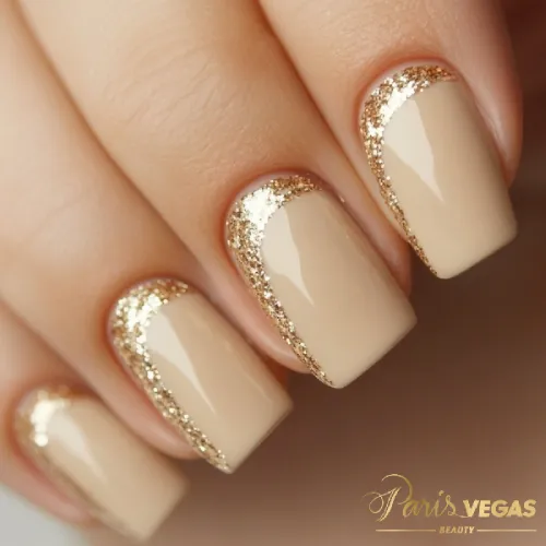 Esmaltação com glitter dourado feitas no salão Paris Vegas Beauty em Moema.