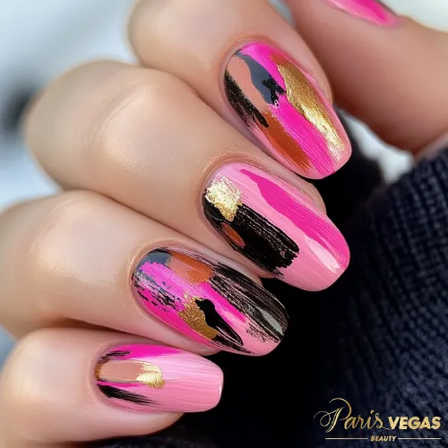 Unhas pink com pinceladas artísticas, design criativo e sofisticado para suas mãos.