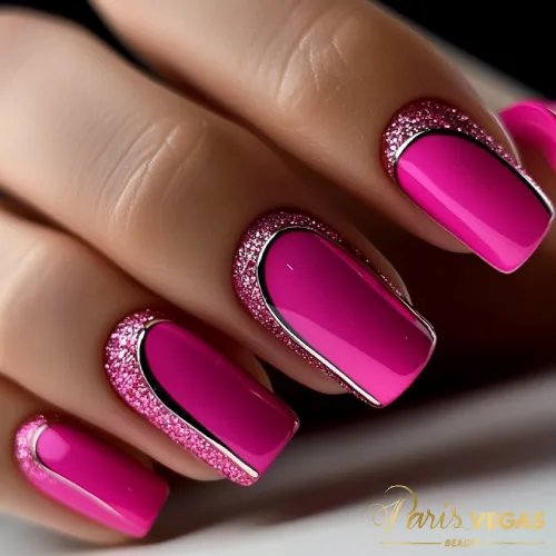 Unhas pink com detalhes em glitter, um design sofisticado e cheio de brilho.