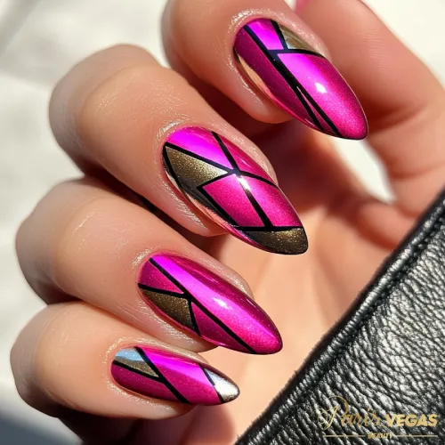 Unhas pink com formas geométricas, design moderno e estiloso para um visual único.