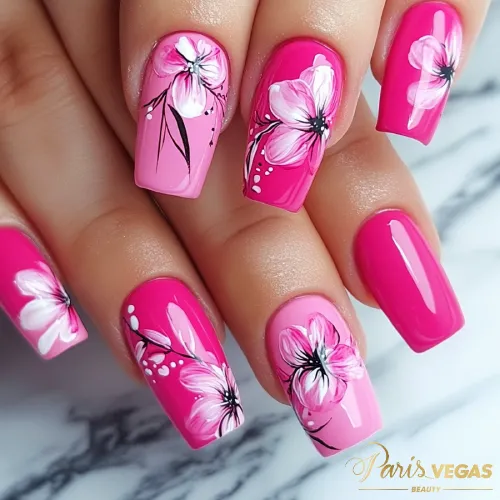 Esmaltação com design floral, manicure personalizada feita por nail designer perto de você.