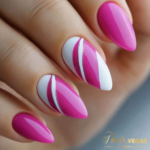 Unhas pink com curvas assimétricas, design moderno e arrojado para um visual único e sofisticado.