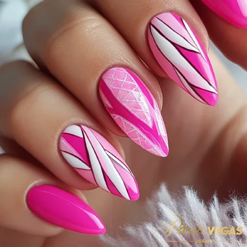 Unhas pink com design geométrico inovador, manicure exclusiva e criativa feita por designer de unhas profissional em São Paulo.