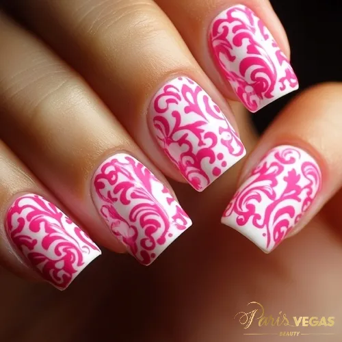 Unhas pink com arabescos delicados sobre fundo branco, design elegante e sofisticado.