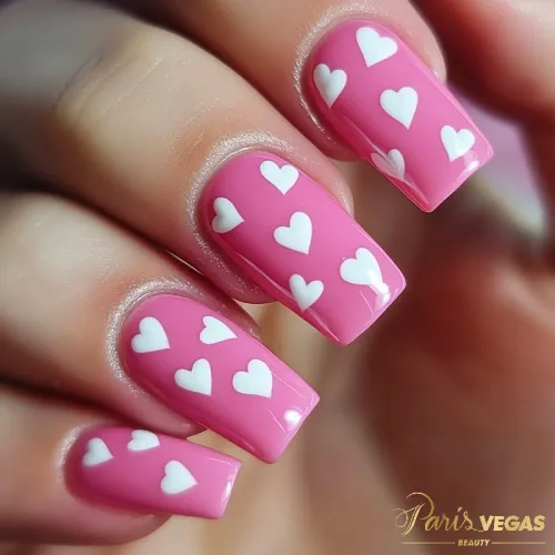 Unhas pink decoradas com corações, design romântico e elegante para suas mãos.