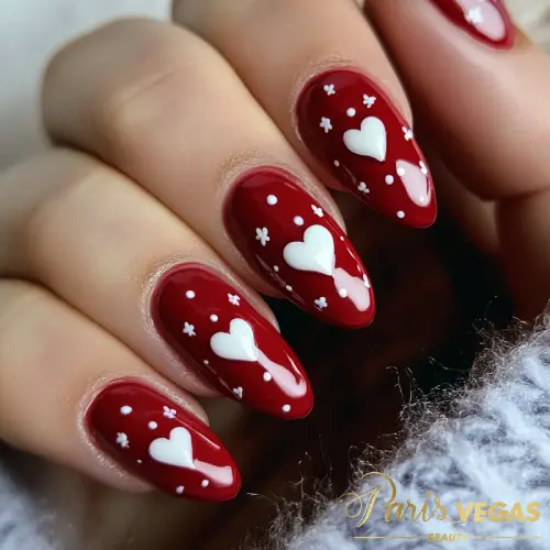 Unhas vinho com desenho de coração, design delicado feito por nail designer perto de você.